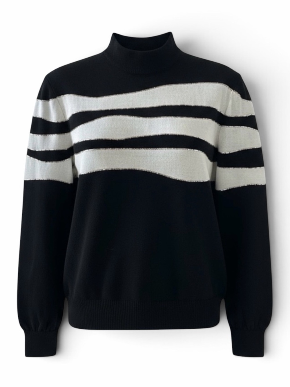 St John Black and White Mock Neck Knit Sweater with Gold Pailettes & Studs